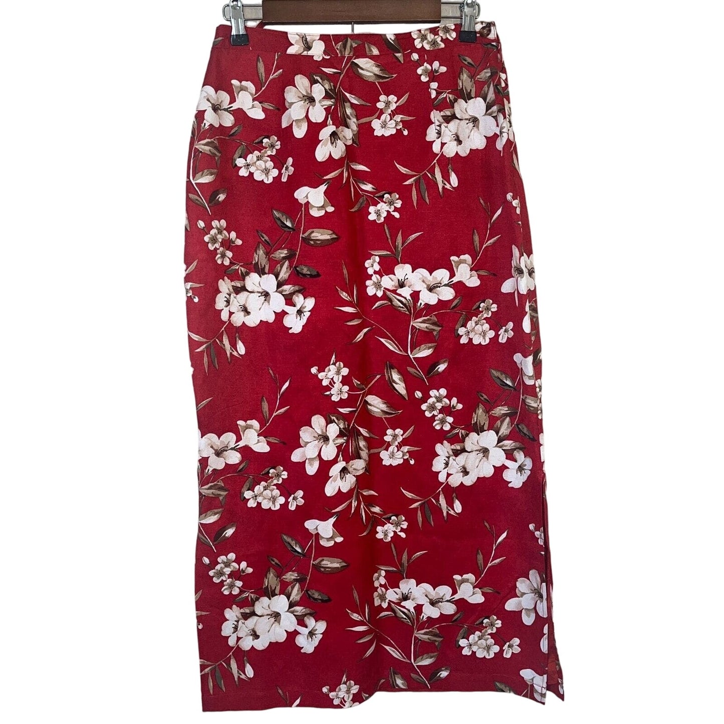 Valerie Stevens Sport Womens Sz 8 Linen Silk Blend Maxi Skirt Red Floral
