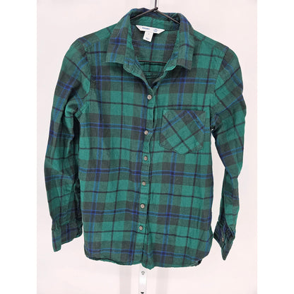 Old Navy Womens Sz S Classic Button Up Plaid Shirt Green Blue 100% Cotton