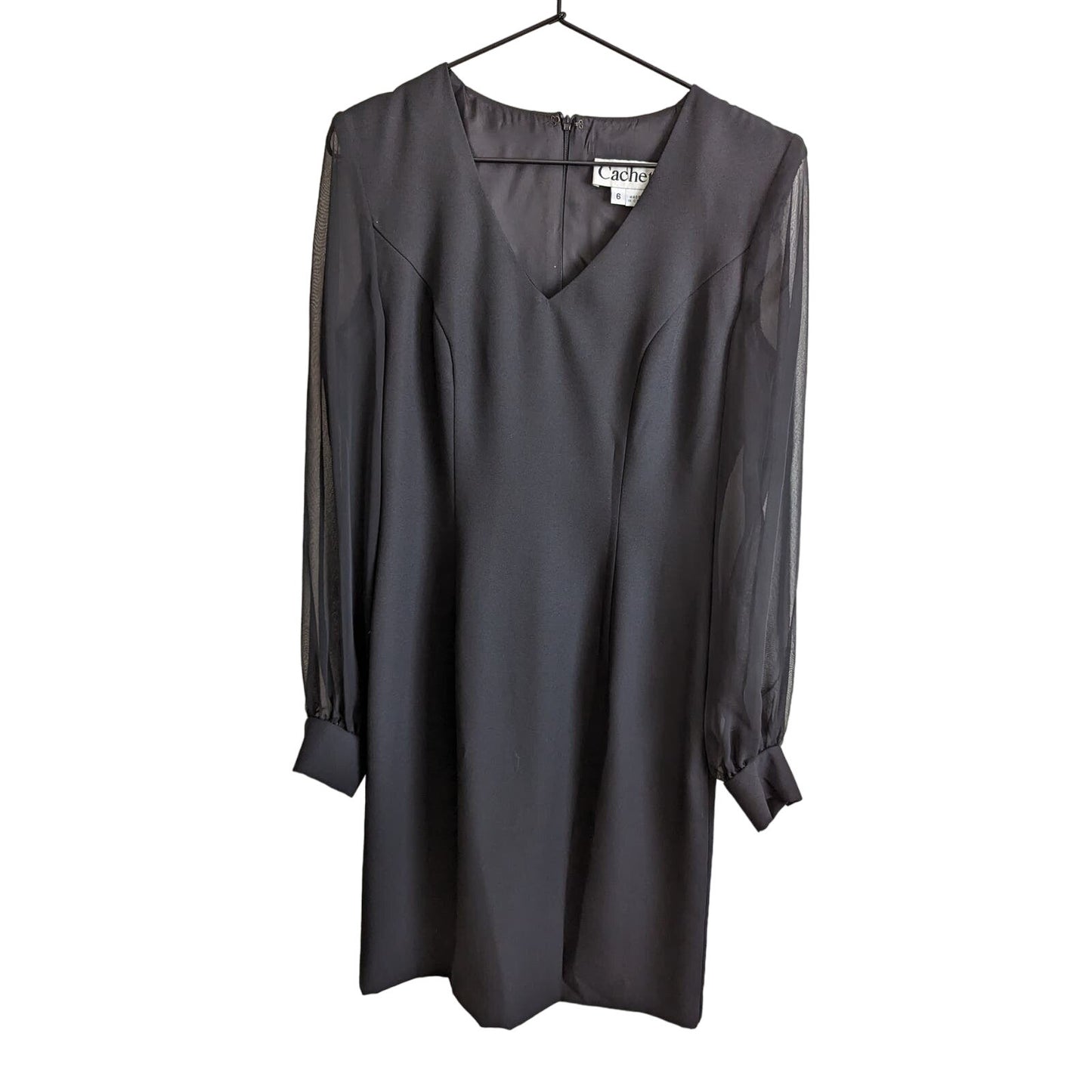 Vintage 1990s Cachet Womens Sz 6 Midi Length Sheer Long Sleeve Black Dress