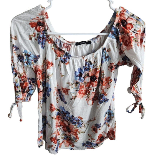 Forever 21 Womens Sz S Off Shoulder Boho Blouse White Pink Blue Floral