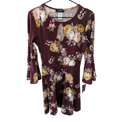 Teeze Me Juniors Sz 7 Bell Sleeve Mini Dress Floral Dark Red Y2K NEW