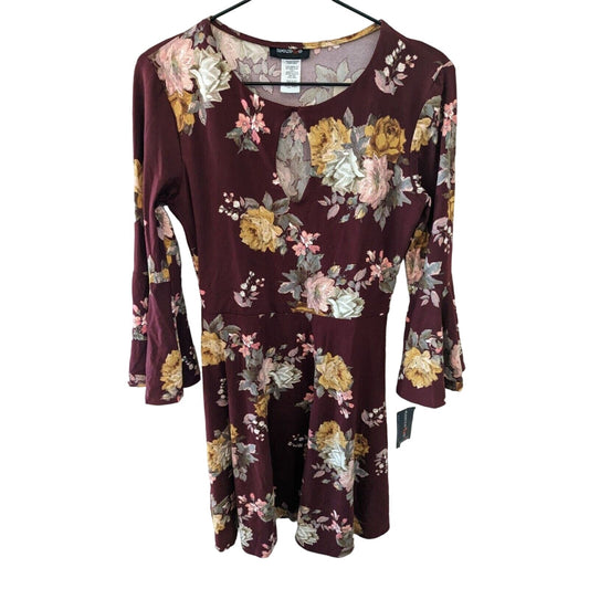 Teeze Me Juniors Sz 7 Bell Sleeve Mini Dress Floral Dark Red Y2K NEW