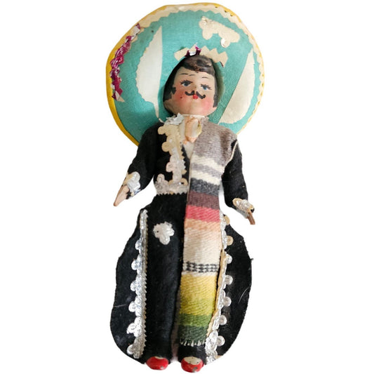 Vintage 1940s Hand Painted Spanish Costume Paper Mache Doll Sombrero Souvenir