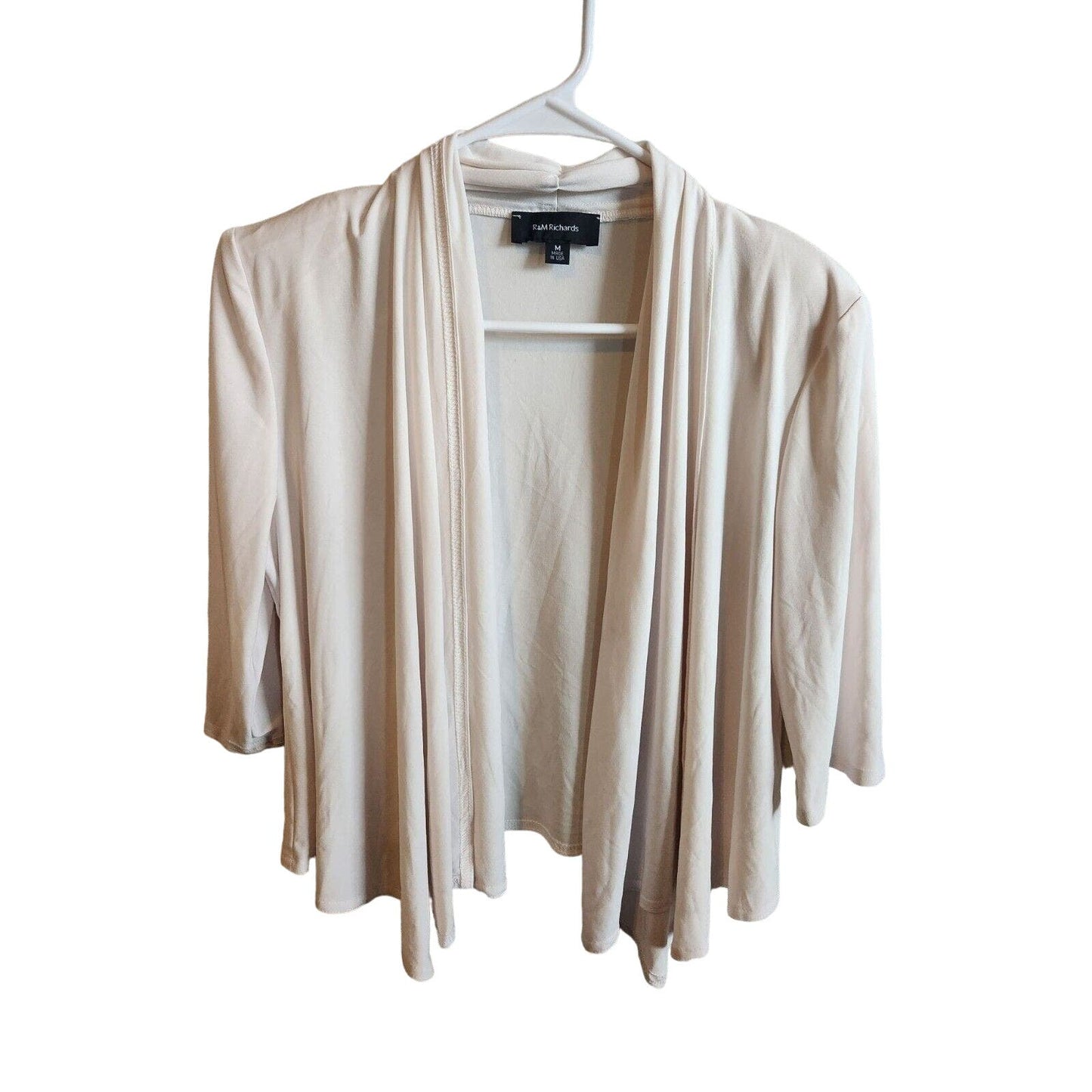 R&M Richards Womens Sz M Open Front Cardigan Sweater Cream 3/4 Sleeve