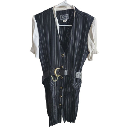 Vintage 1980s Lenore S Womens Sz 14 Midi Shirt Dress Black White Pinstripe