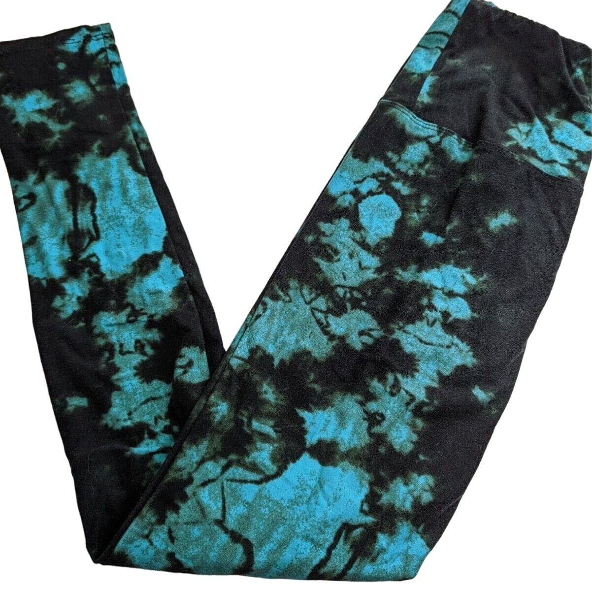 Womens OS One Size Leggings Black and Turquoise Tie Dye Print