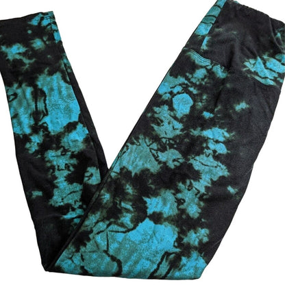 Womens OS One Size Leggings Black and Turquoise Tie Dye Print