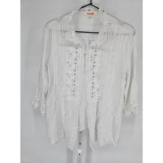 Mazik Womens Sz L Long Sleeve Button Up Top Crochet White Beachy Open Knit