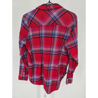 Orvis Womens Sz M Classic Fit Long Sleeve Button Up Plaid Shirt Red Blue