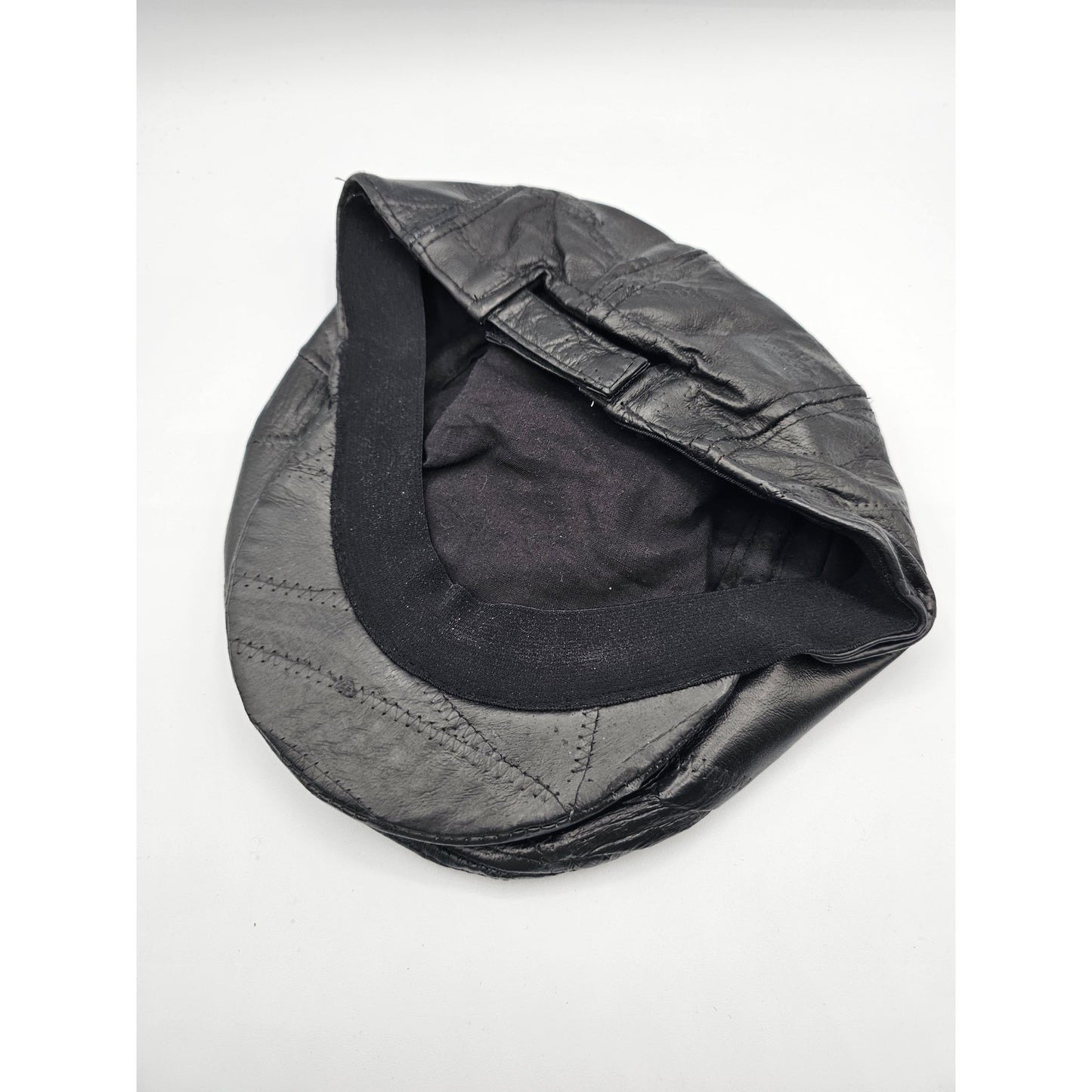 Vintage 1970s Black Leather Adjustable Cabbie Hat Newsboy Quilted