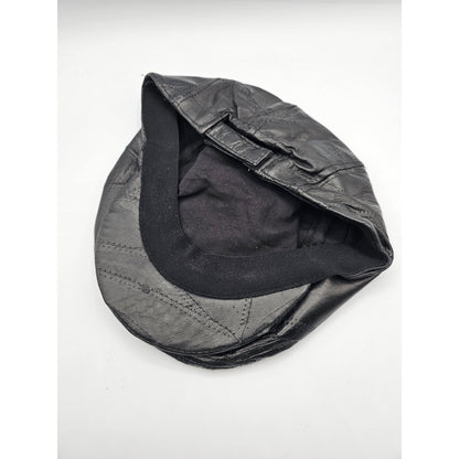 Vintage 1970s Black Leather Adjustable Cabbie Hat Newsboy Quilted