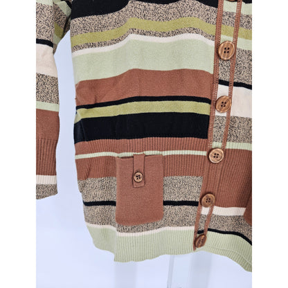 Emma James Womens Sz PXL Petite Cardigan Sweater Striped Brown Green Lightweight