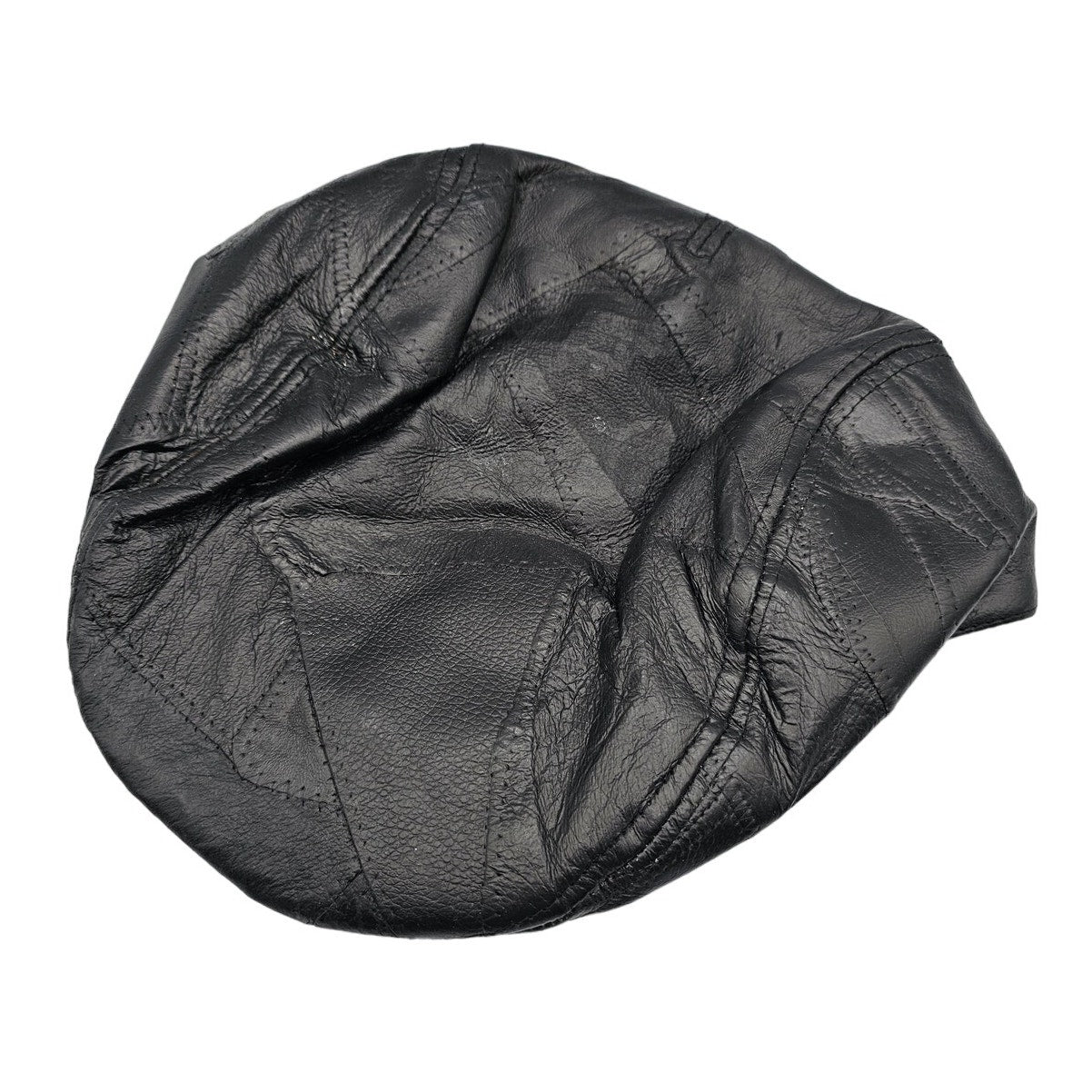 Vintage 1970s Black Leather Adjustable Cabbie Hat Newsboy Quilted
