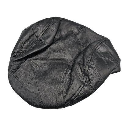 Vintage 1970s Black Leather Adjustable Cabbie Hat Newsboy Quilted