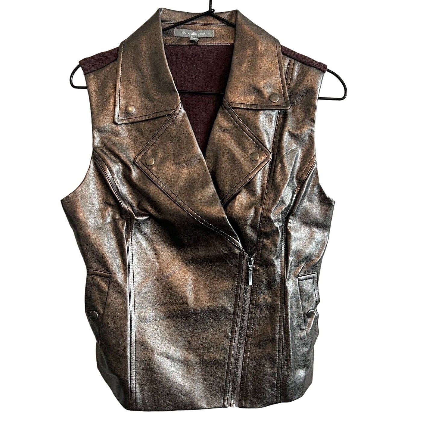 Vintage NY Collection Womens Sz M Faux Leather Moto Vest Bronze Zip Up