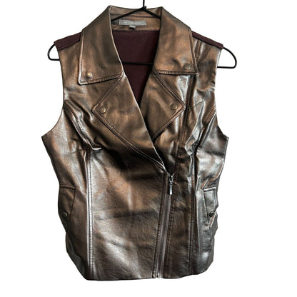 Vintage NY Collection Womens Sz M Faux Leather Moto Vest Bronze Zip Up