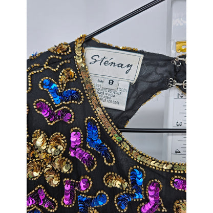 Stenay Womens Sz 8 100% Silk Fully Beaded Knee Length Dress Formal Black Floral