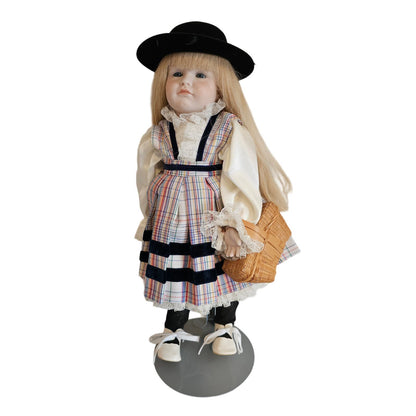 Vintage 1990s Porcelain Doll Straight Blonde Hair Picnic Basket Plaid Dress