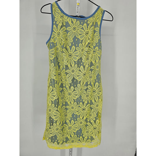 Karin Stevens Womens Sz 6 Knee Length Sleeveless Dress Blue Yellow Lace Overlay