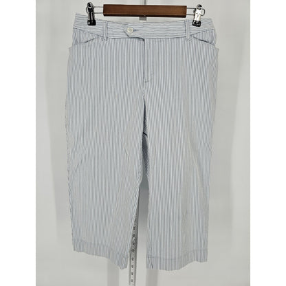 St Johns Bay Womens Sz 8 Capri Seersucker Cotton Bled Pants Blue Striped
