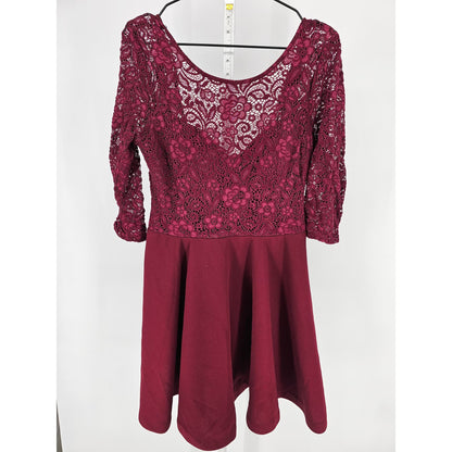 B Darlin Womens Sz 16 Above Knee Cocktail Dress Burgundy Red Lace Overlay