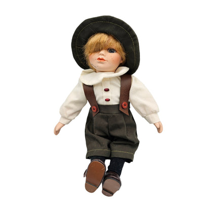 Vintage 1990s Porcelain Boy Doll German in Lederhosen Green