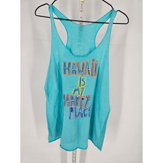 Womens Sz XL Hawaii Is My Happy Place Racer Back Tank Top Bright Blue Loose Fit