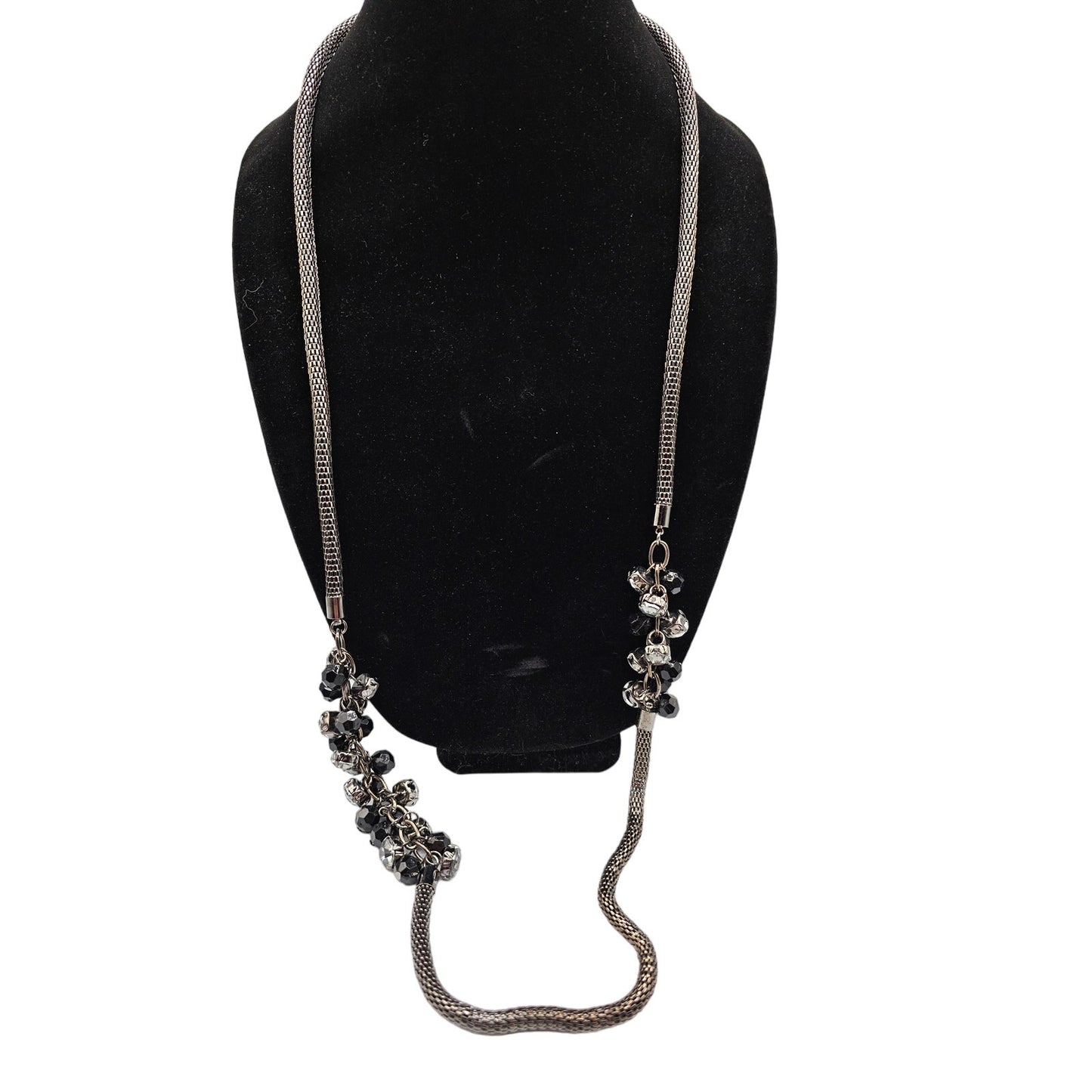 Vintage 1990s Silver and Black Single Chain Necklace Long Rhinestone Details