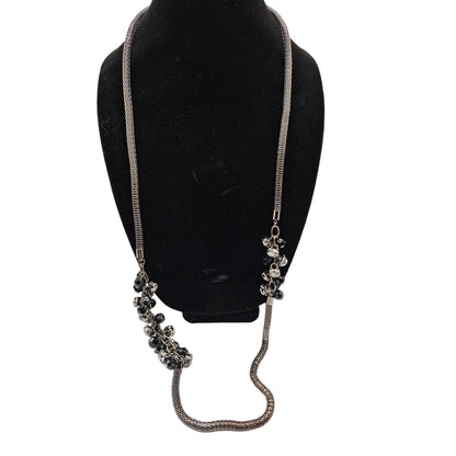 Vintage 1990s Silver and Black Single Chain Necklace Long Rhinestone Details