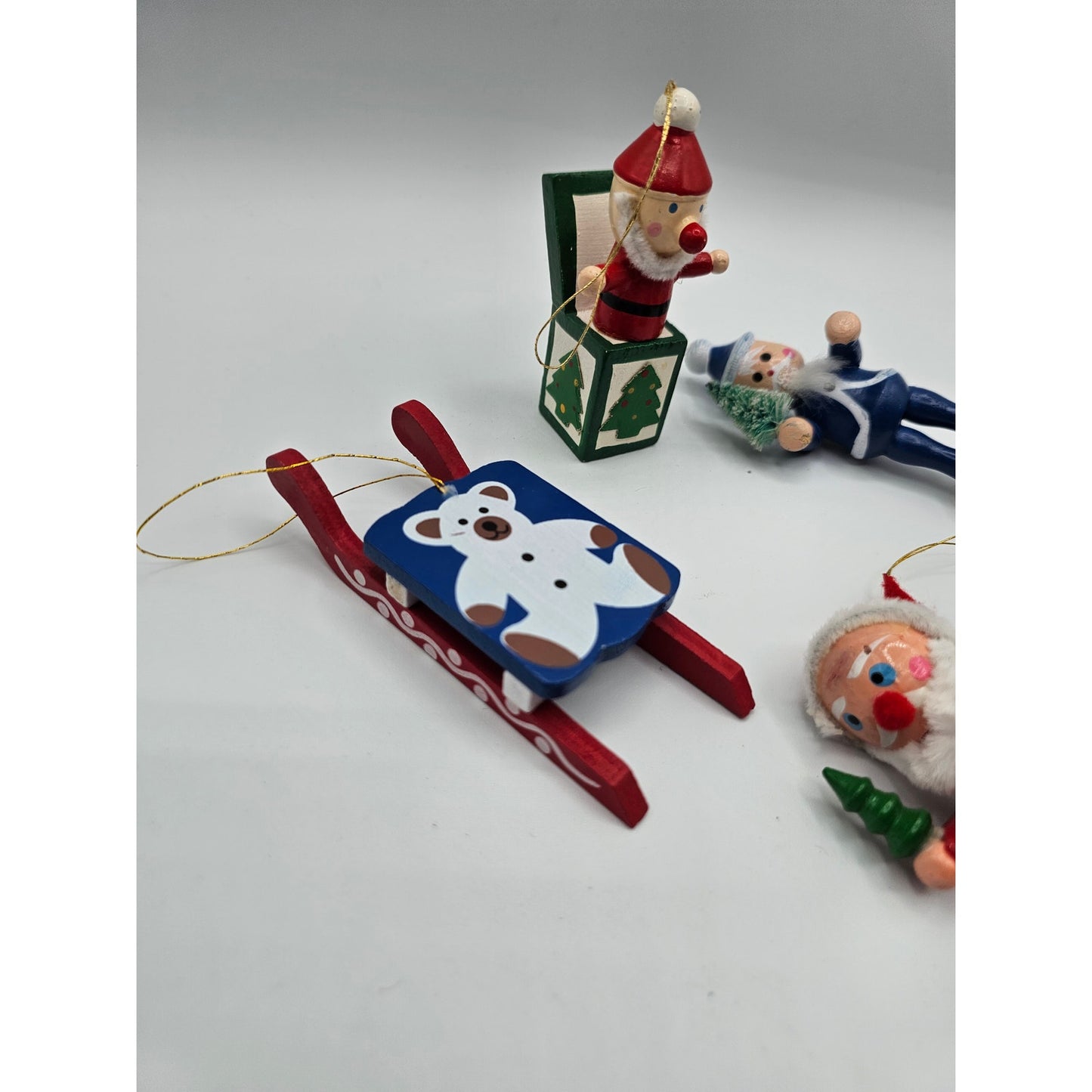 Lot of 5 Vintage Hand Painted Wooden Christas Ornaments Santa Jack in the Box