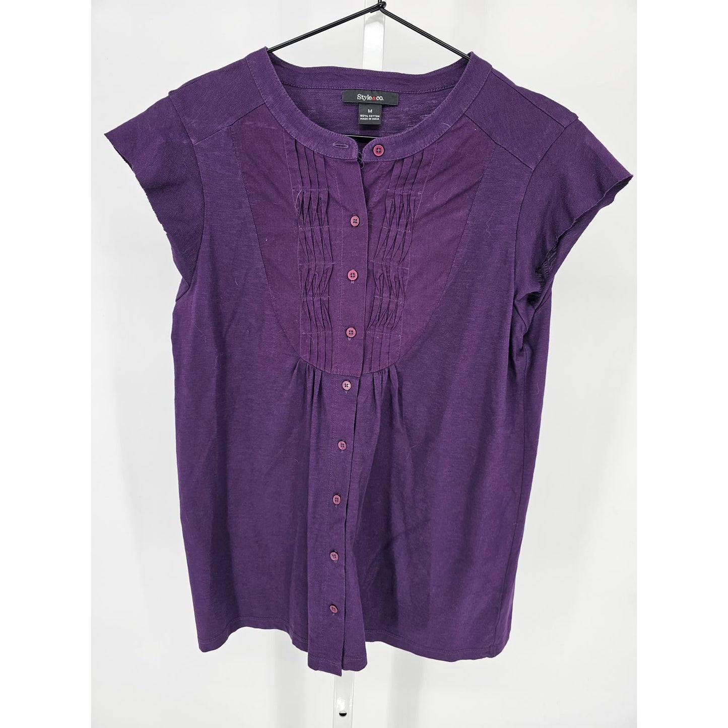 Style & Co Womens Sz M Short Sleeve Cotton Blouse Purple Micro Pleat Front