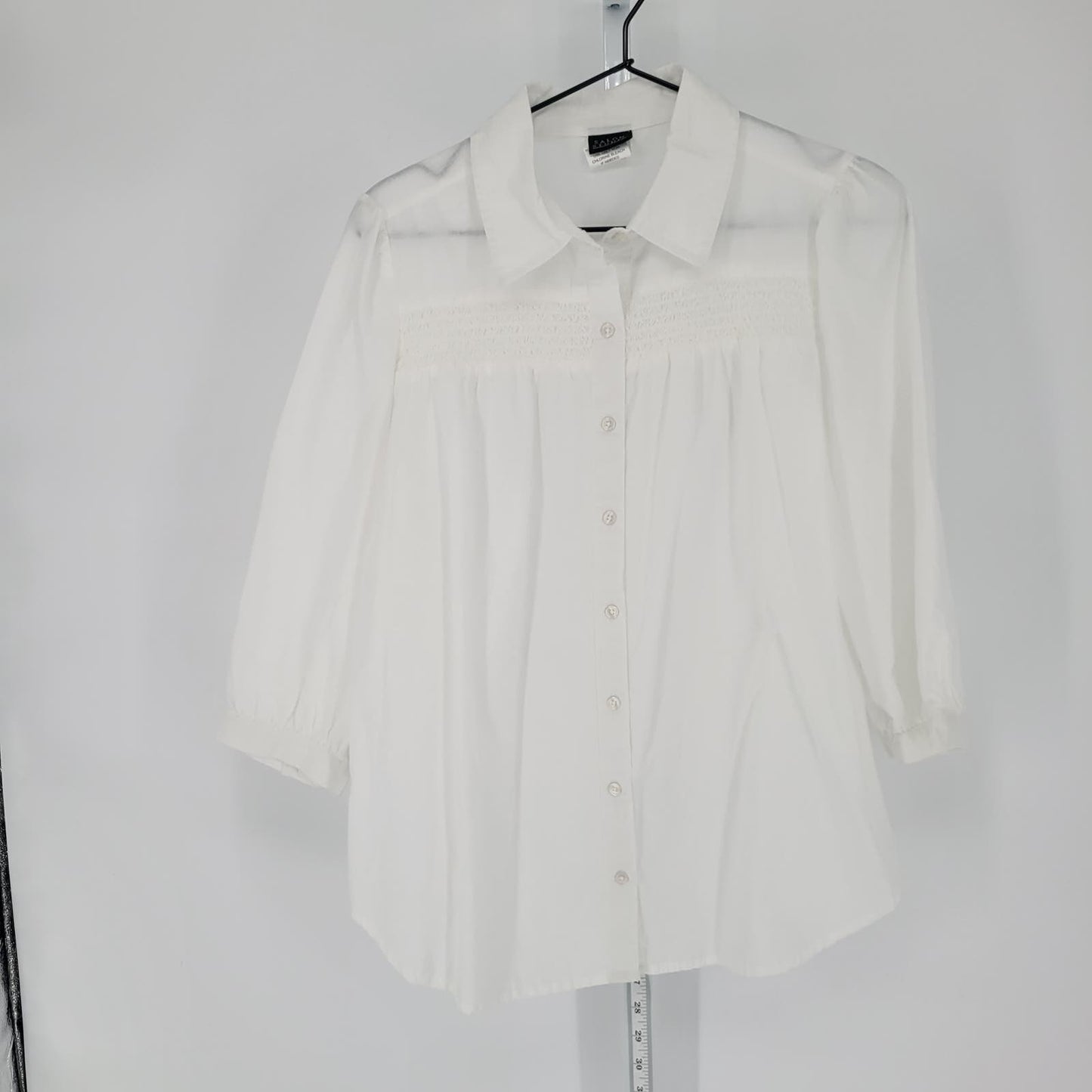 Salon Studio Womens Sz S Button Up Solid White Blouse Smocked Neckline