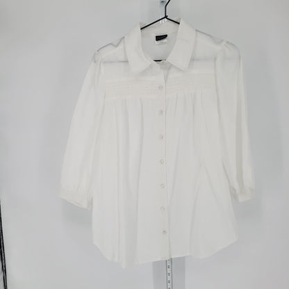 Salon Studio Womens Sz S Button Up Solid White Blouse Smocked Neckline