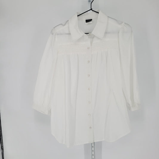 Salon Studio Womens Sz S Button Up Solid White Blouse Smocked Neckline