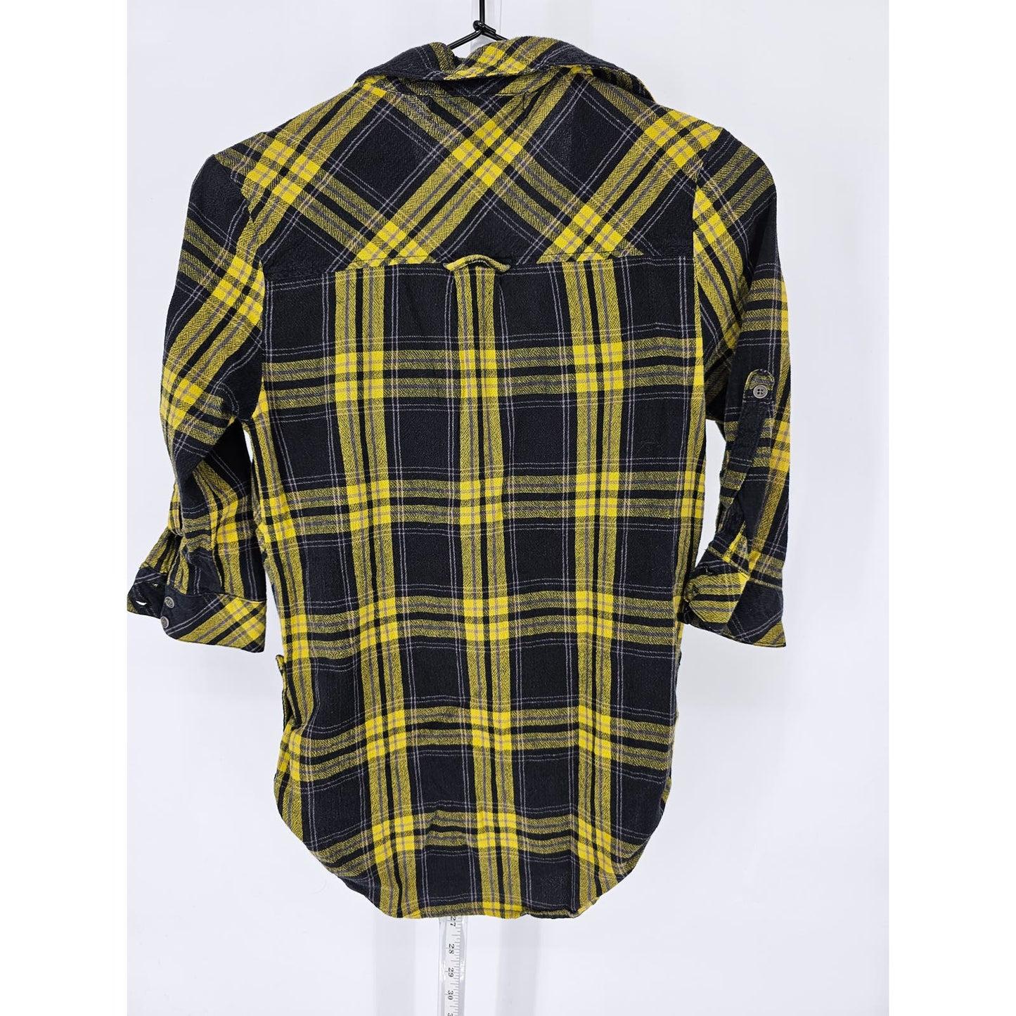 Love Notes Womens Sz M Tab Sleeve Pullover Plaid Shirt Black Yellow Cotton