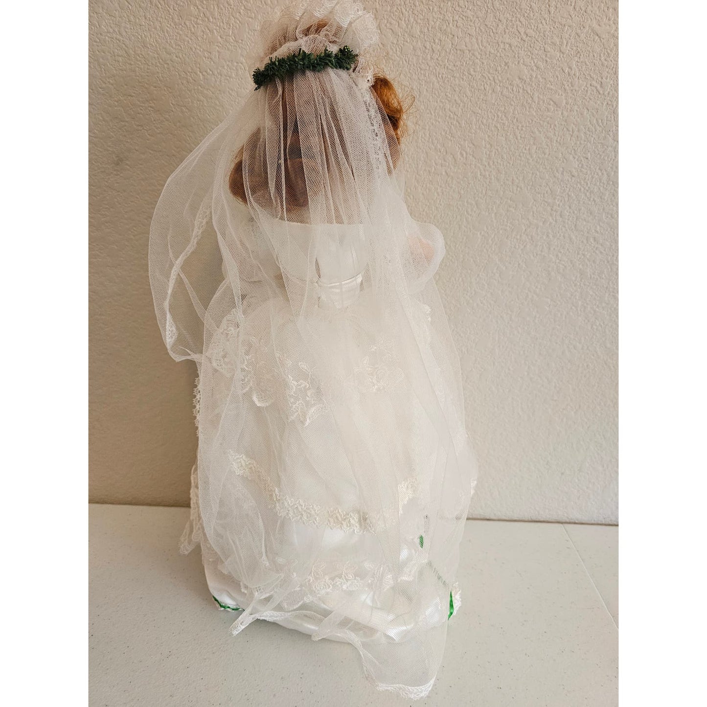 Vintage 1990s Porcelain Doll Irish Wedding Bride Doll White Green Dress