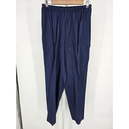 Vintage 1970s Womens Sz 12P Petite Satin Pants and Blouse Set Navy Blue