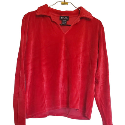 New York & Company Womens Sz L Long SLeeve Collared Red Shirt Velvet