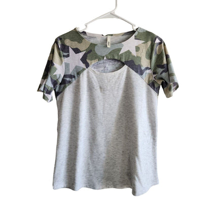 Lilypad womens Sz L Short Sleeve T Shirt Camo Keyhole Neck