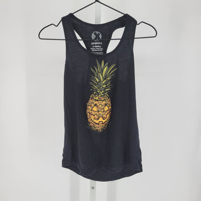 Project X Womens Sz XS Racerback Tank Top Hawaii Pineapple Jack-o-lantern Black