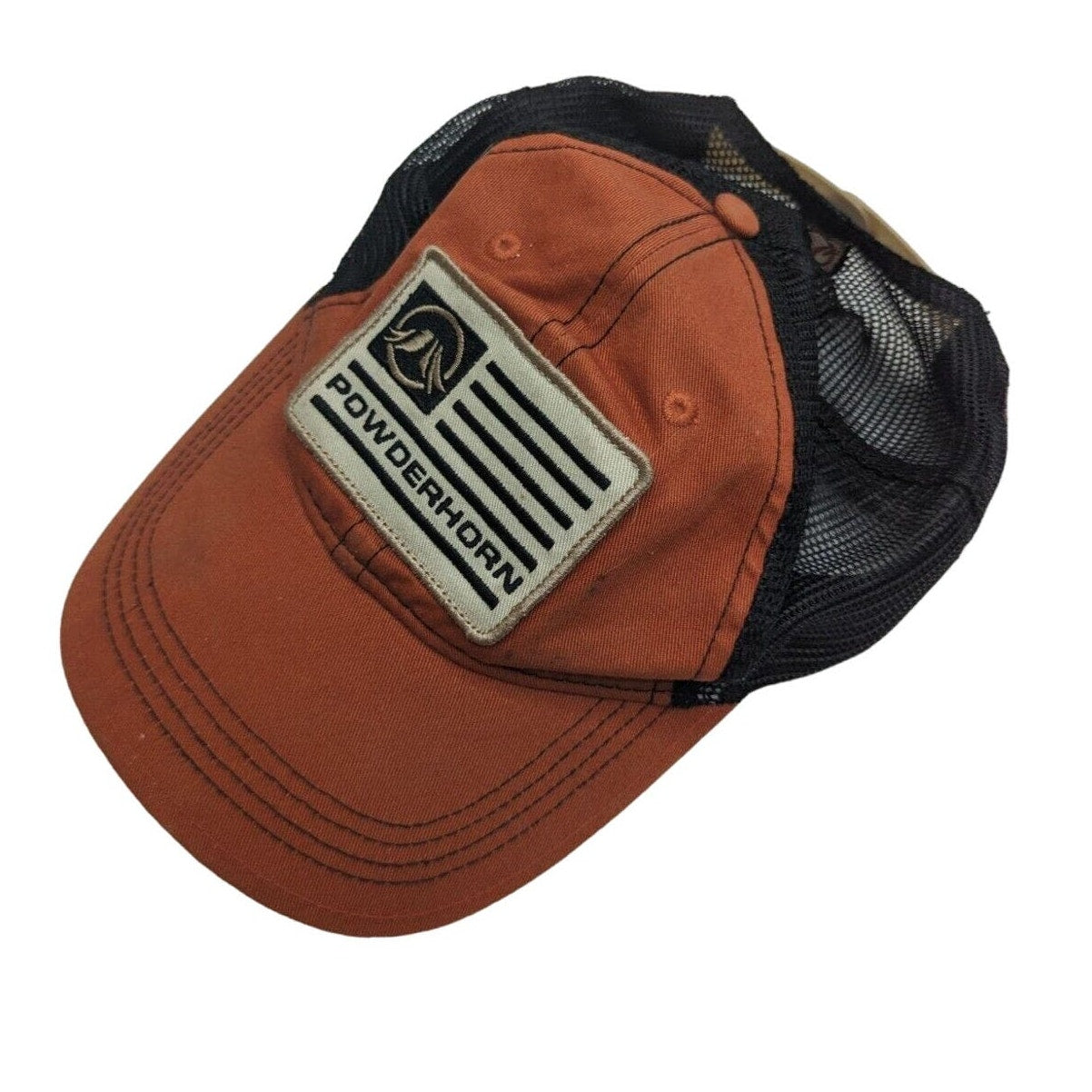 Powderhorn Mens Snapback Trucker Hat Front Patch Orange Gear Headwear