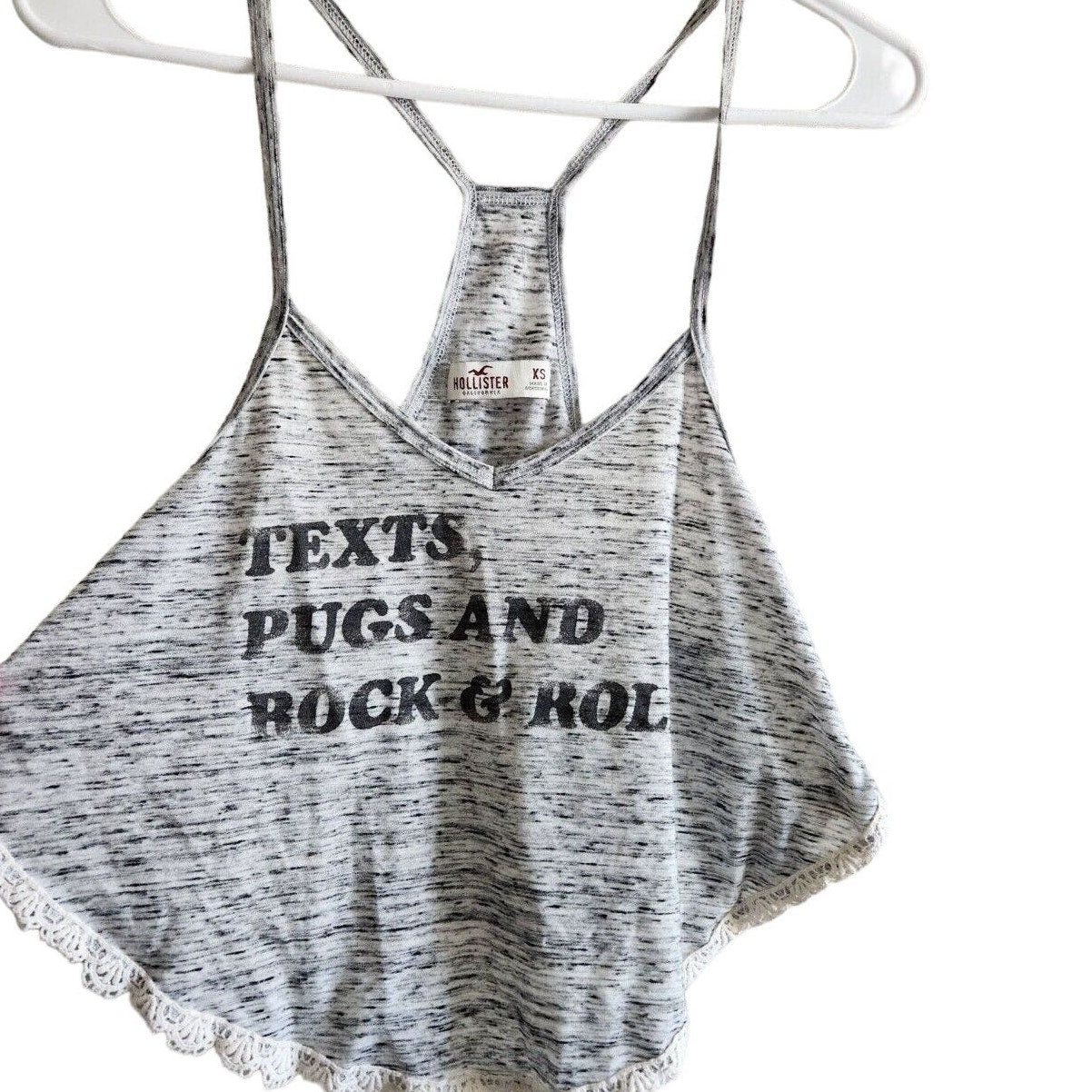 Hollister Womens Sz XS Crop Tp Gray Texts Pugs and Rock & Roll