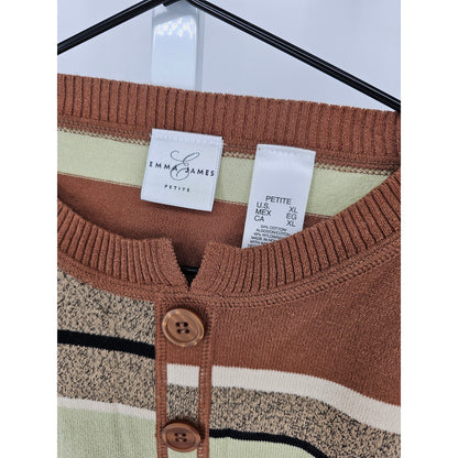 Emma James Womens Sz PXL Petite Cardigan Sweater Striped Brown Green Lightweight