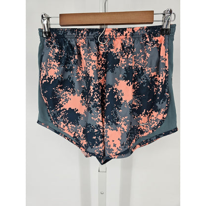 Nike Dri Fit Womens Sz M Lined Running Shorts Black Orange Pixel Camo Print