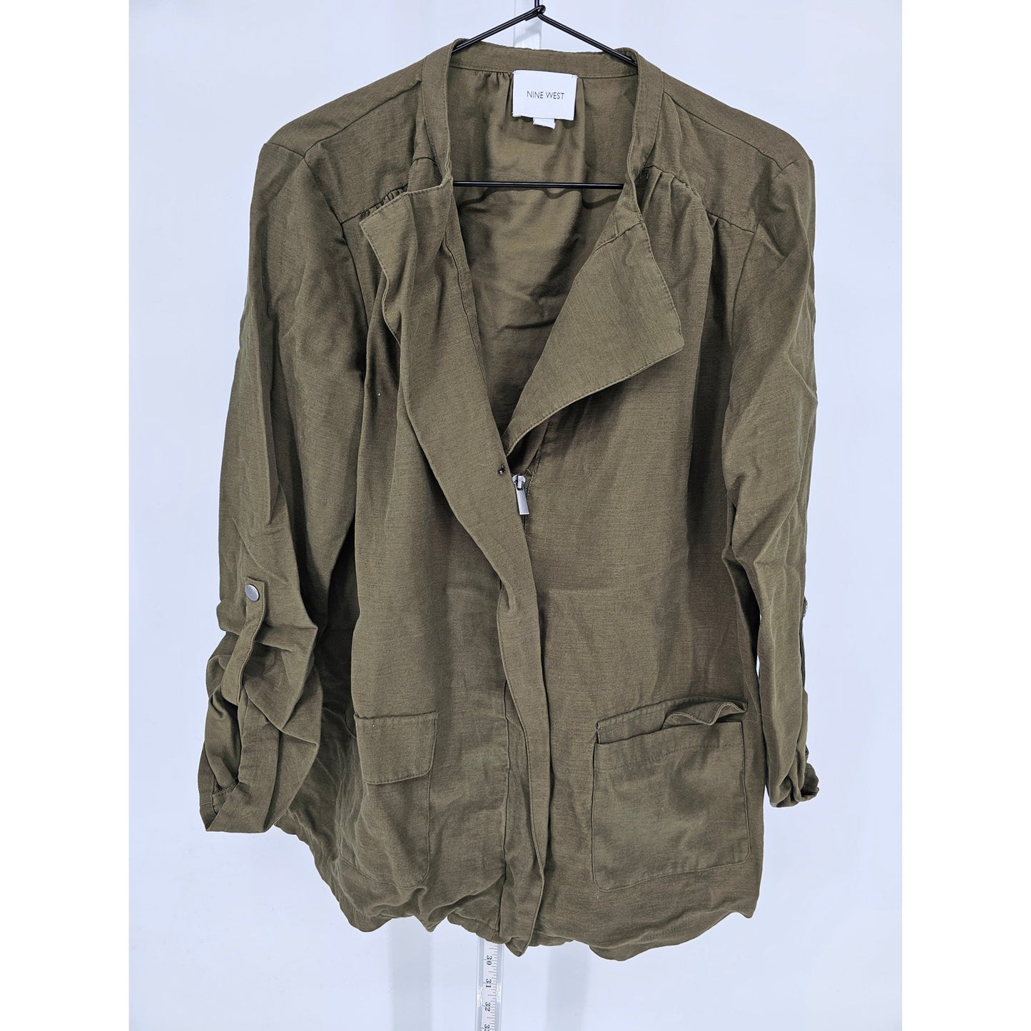 Nine West Womens Sz L Zip Up Safari Jacket Tab Sleeve Olive Green