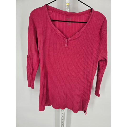 White Stag Womens Sz L 3/4 Sleeve Ribbed Shirt Dark Pink V Neck