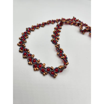 Vintage Y2K Seed Bead and Glass Beaded Braided Necklace Red Purple Gold