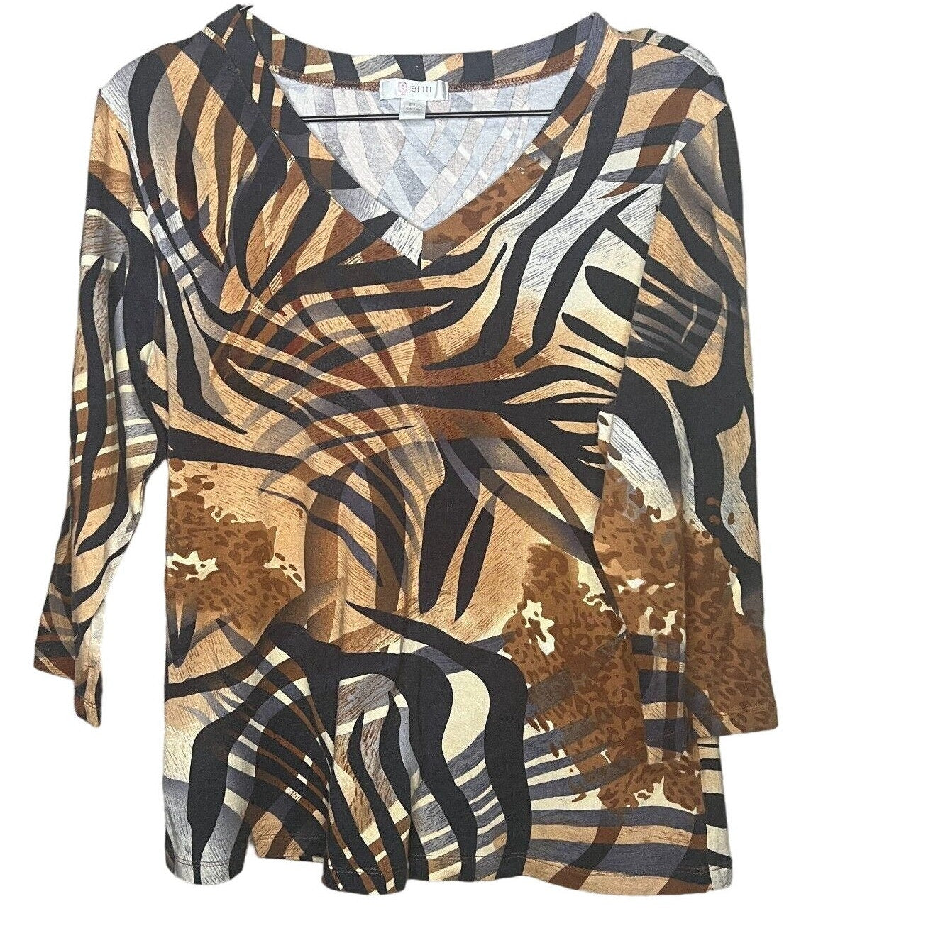 Erin London Womens Sz Petite PL V Neck Long Sleeve Blouse Animal Print