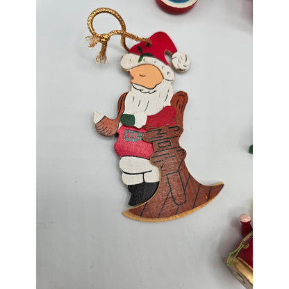 Lot of 5 Vintage Hand Painted Wooden Christas Ornaments Cat Birdhouse Santa