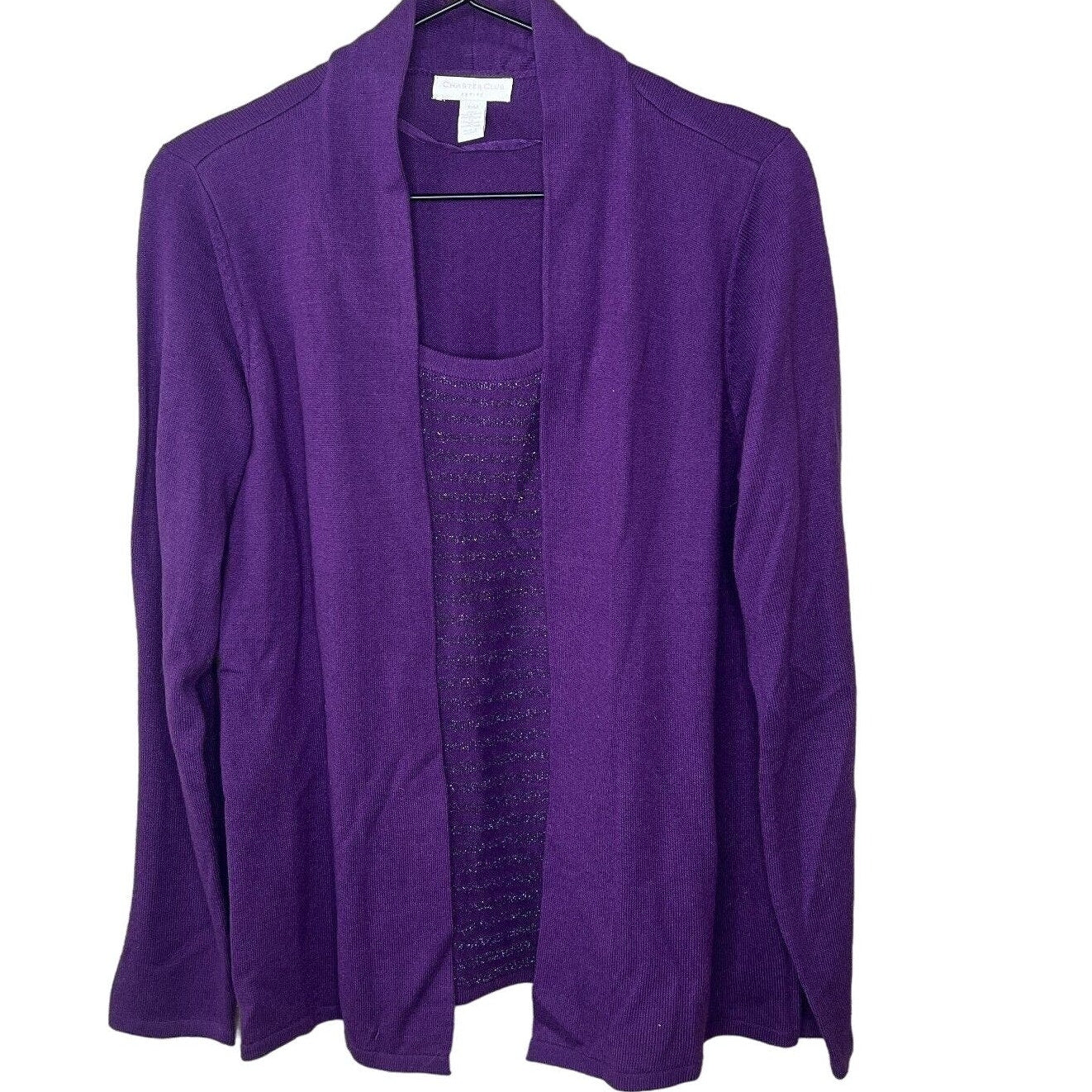 Charter Club Petites Womens PM Cardigan Blouse Combo Purple Metallic Weave